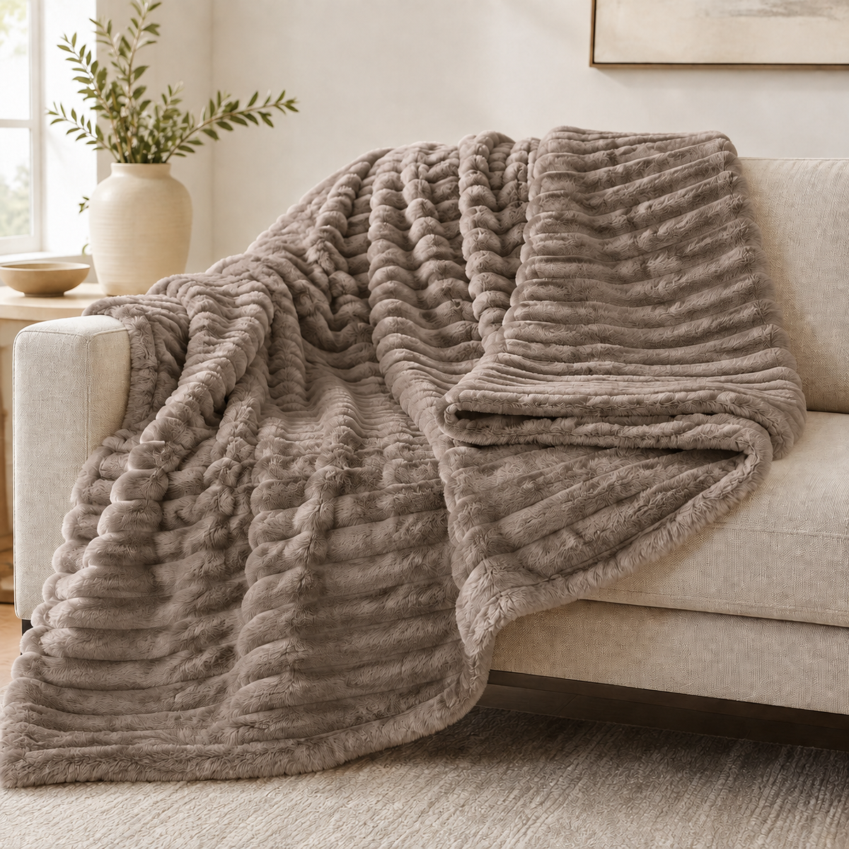 Mink chunky ribbed plush blanket throw on a sofa