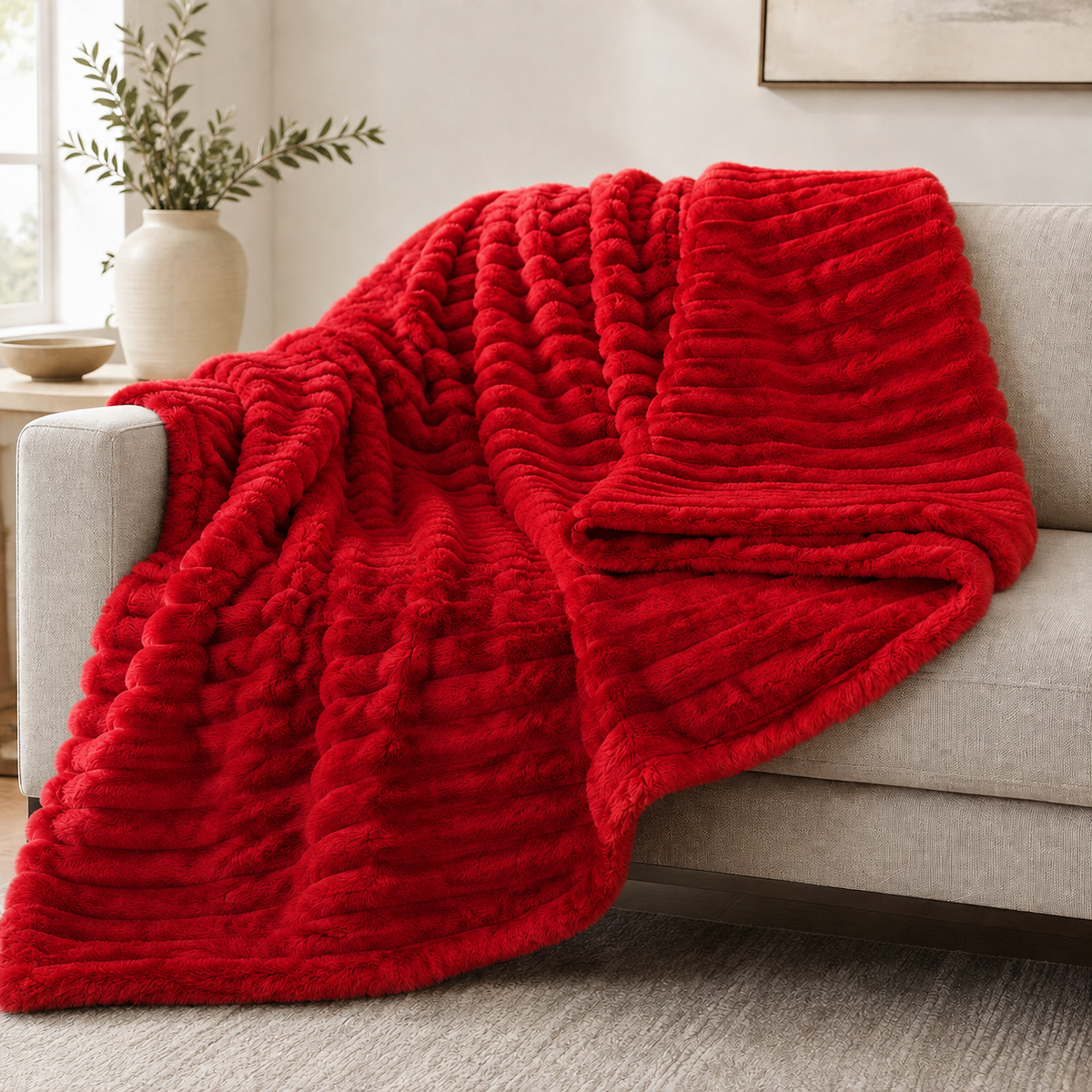 Red chunky ribbed plush blanket throw on a sofa