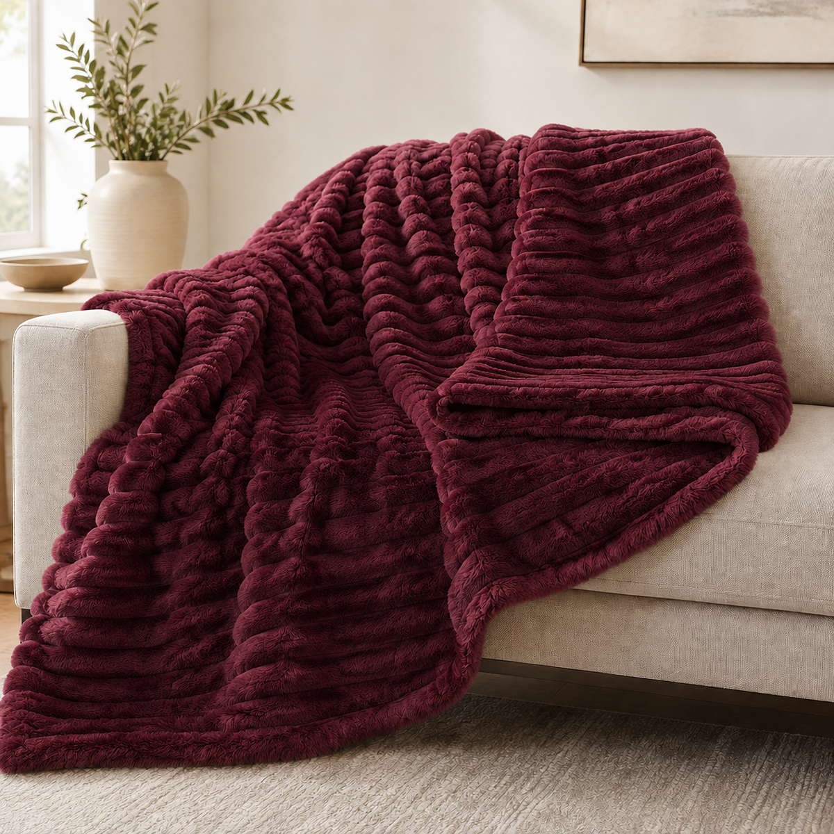 Winter Berry chunky ribbed plush blanket throw on a sofa