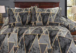 Cosmic grey black and gold geometric duvet cover close-up