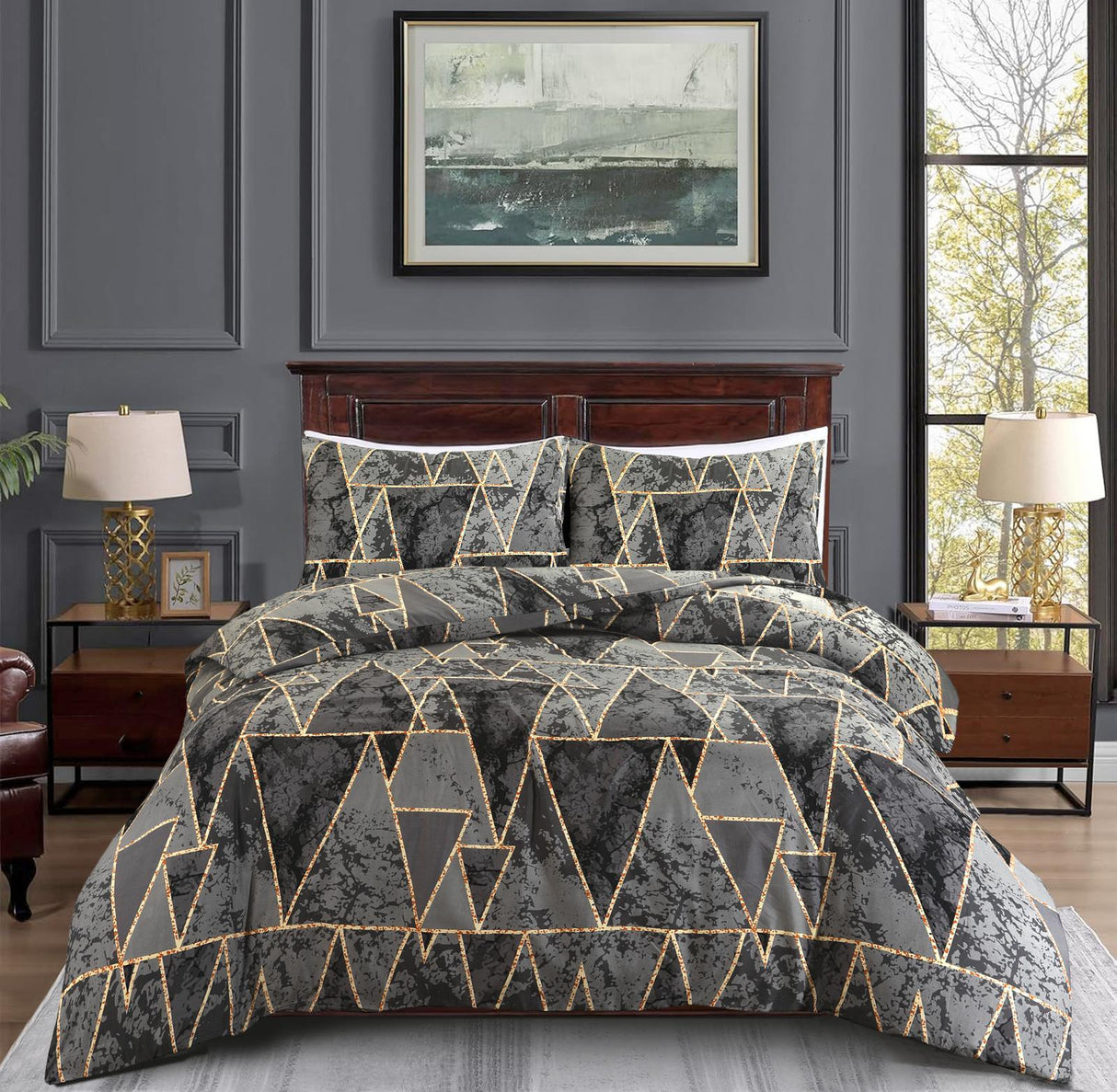 Cosmic grey black and gold geometric duvet cover set on bed