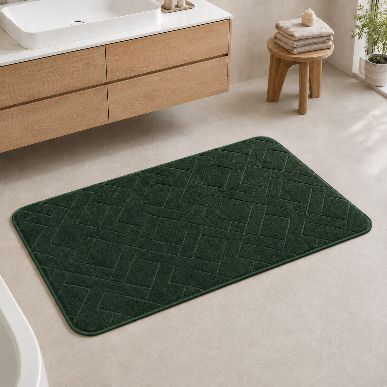 Dark Green rectangular memory foam bath mat 60x40cm and 50x80cm