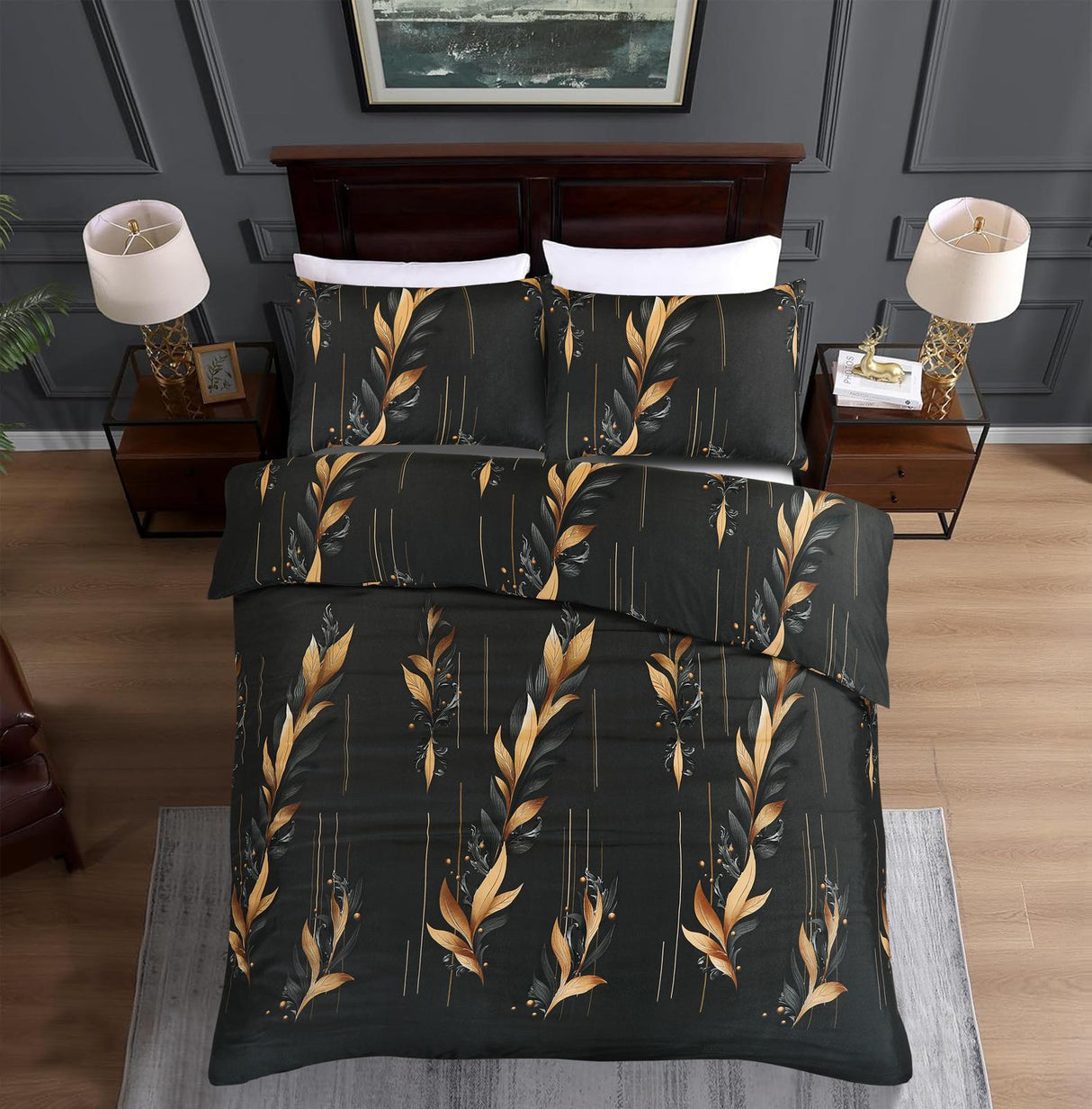 Ember black and gold leaf bedding overhead view