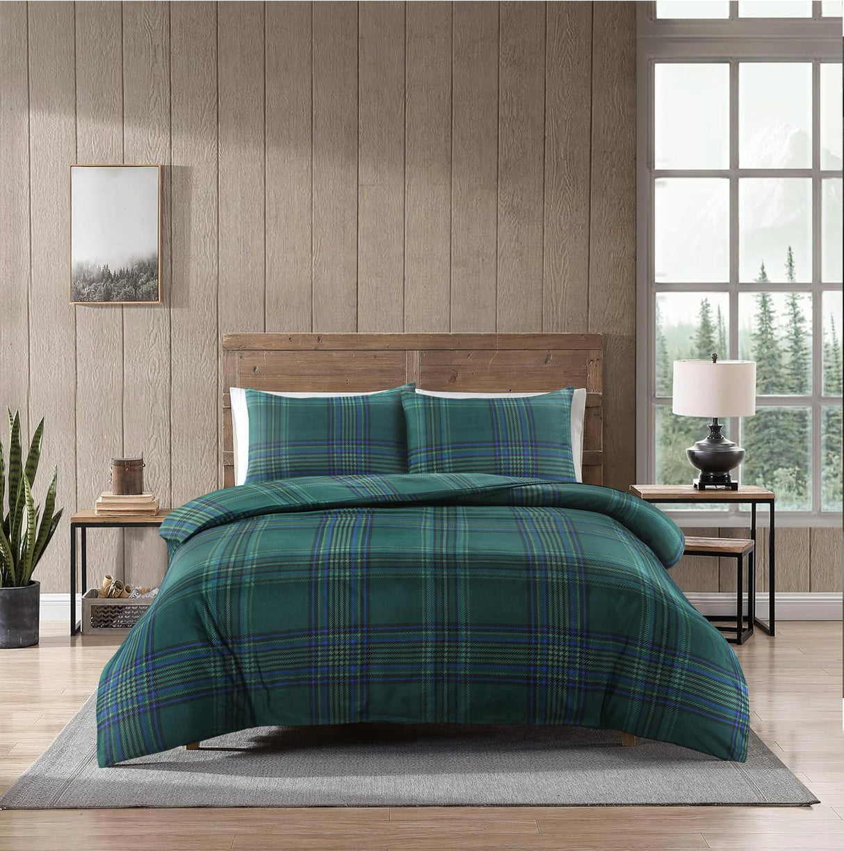Forest Night green tartan check duvet cover set on bed