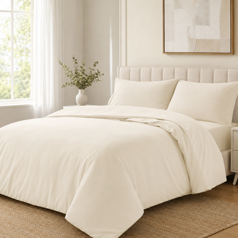 Cream microfiber duvet cover set on a bright modern bed