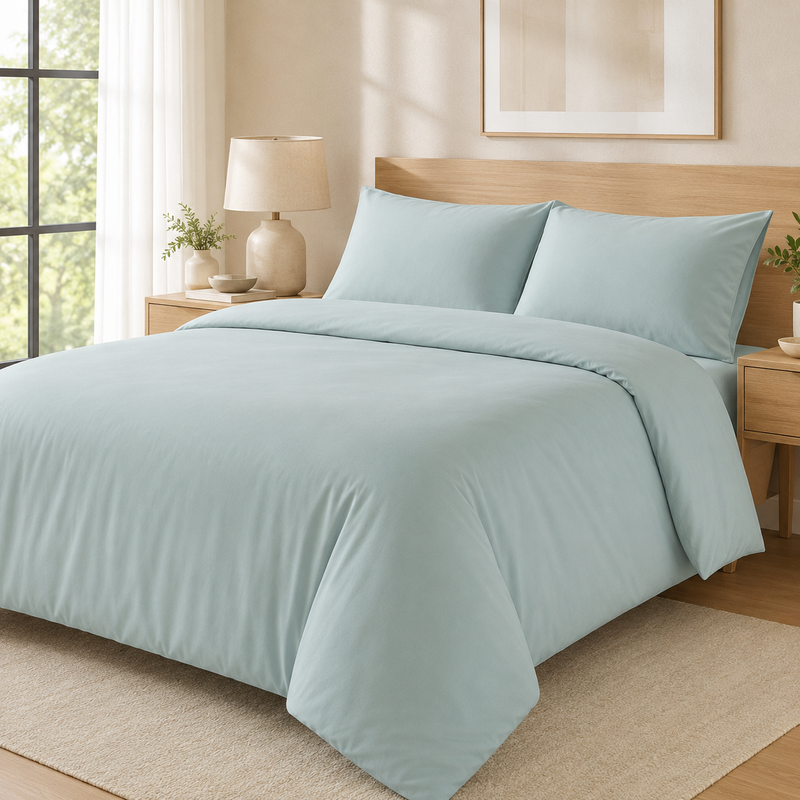 Duck Egg microfiber duvet cover set on a bright modern bed