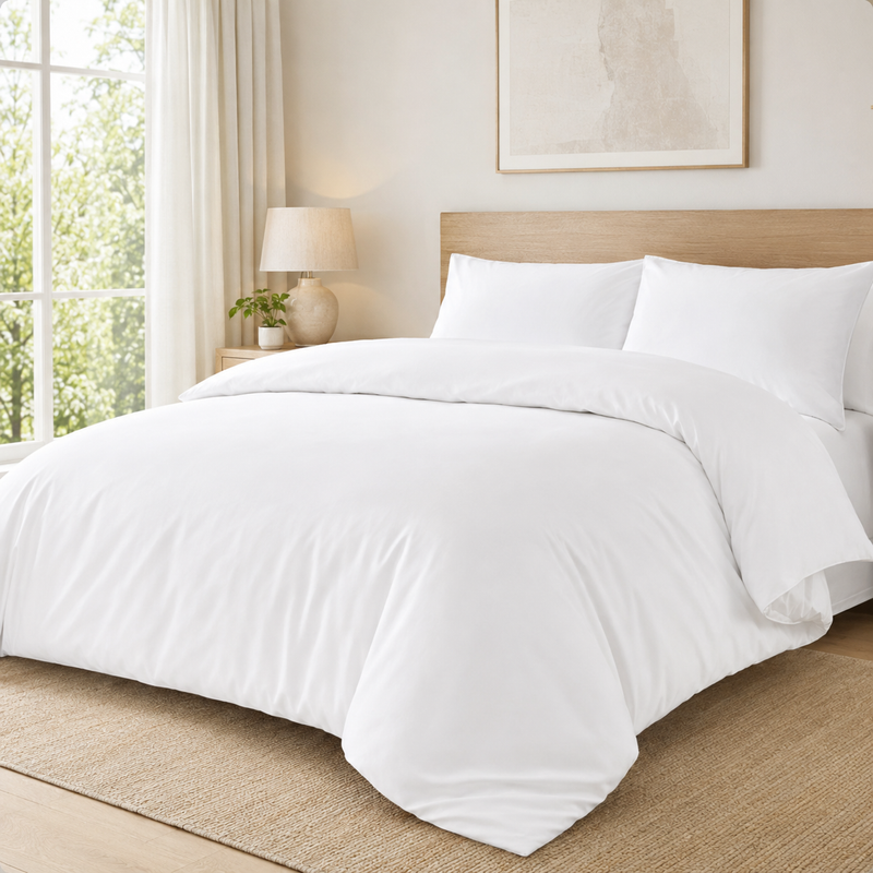 White microfiber duvet cover set on a bright modern bed