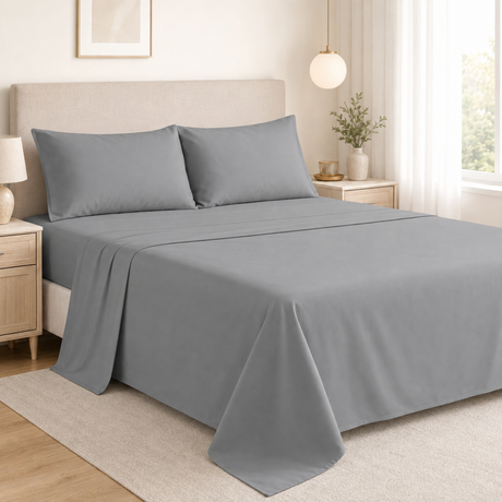 Gray microfiber flat sheet on a bright modern bed