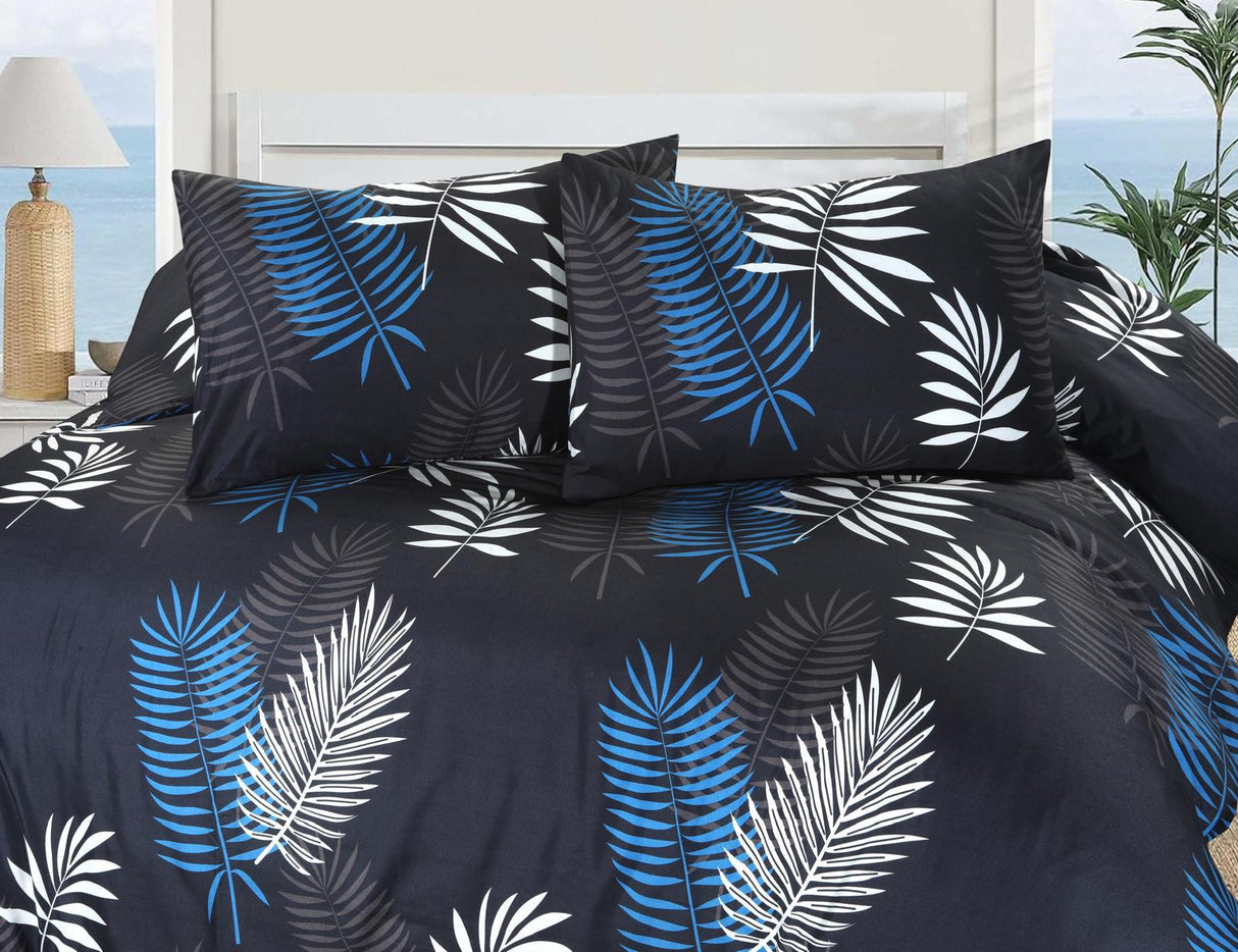 Mystic black blue and white palm leaf bedding close-up