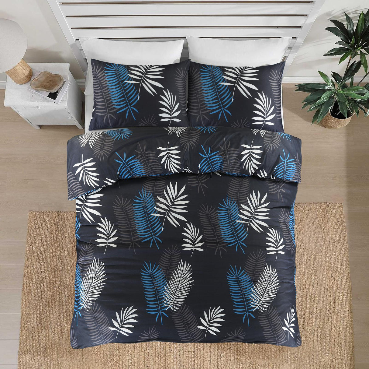 Mystic black blue and white leaf bedding overhead view