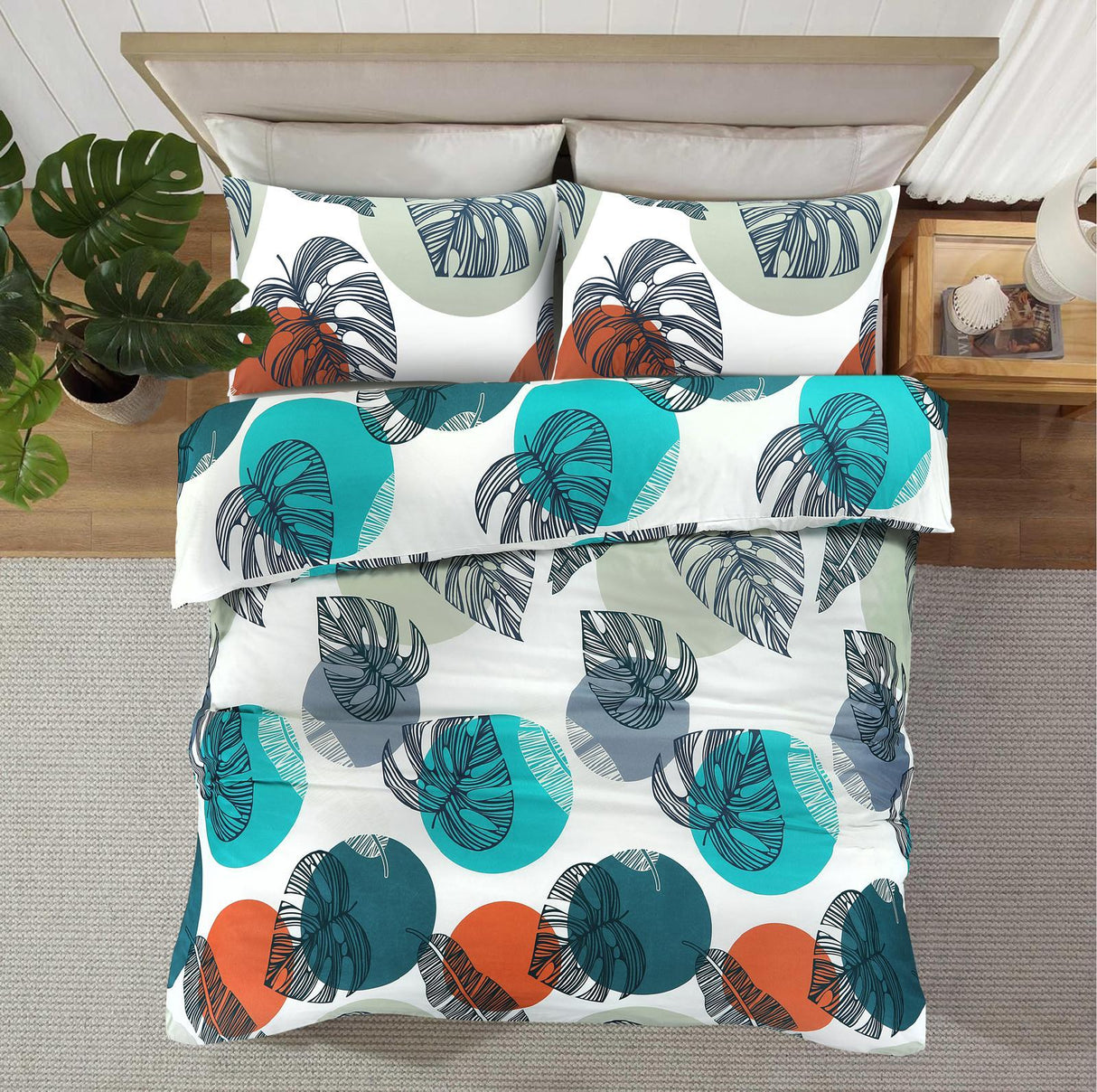 Oasis teal rust and white botanical bedding overhead view