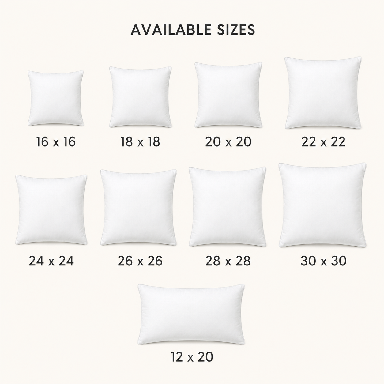 Premium cushion inner pad available sizes guide