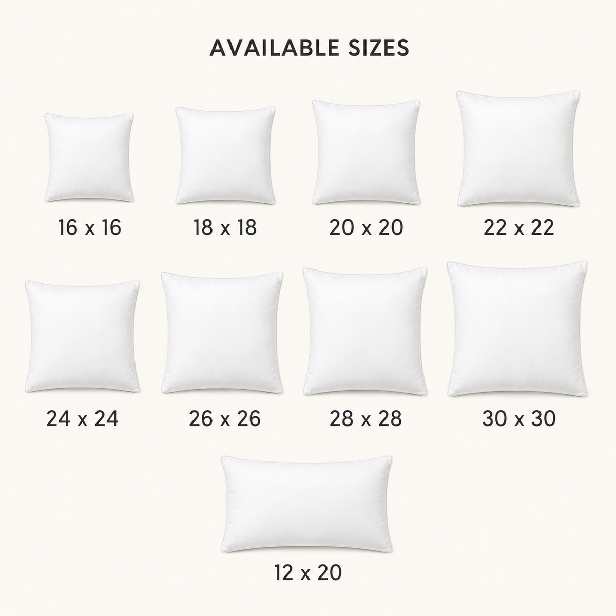 Premium cushion inner pad available sizes guide
