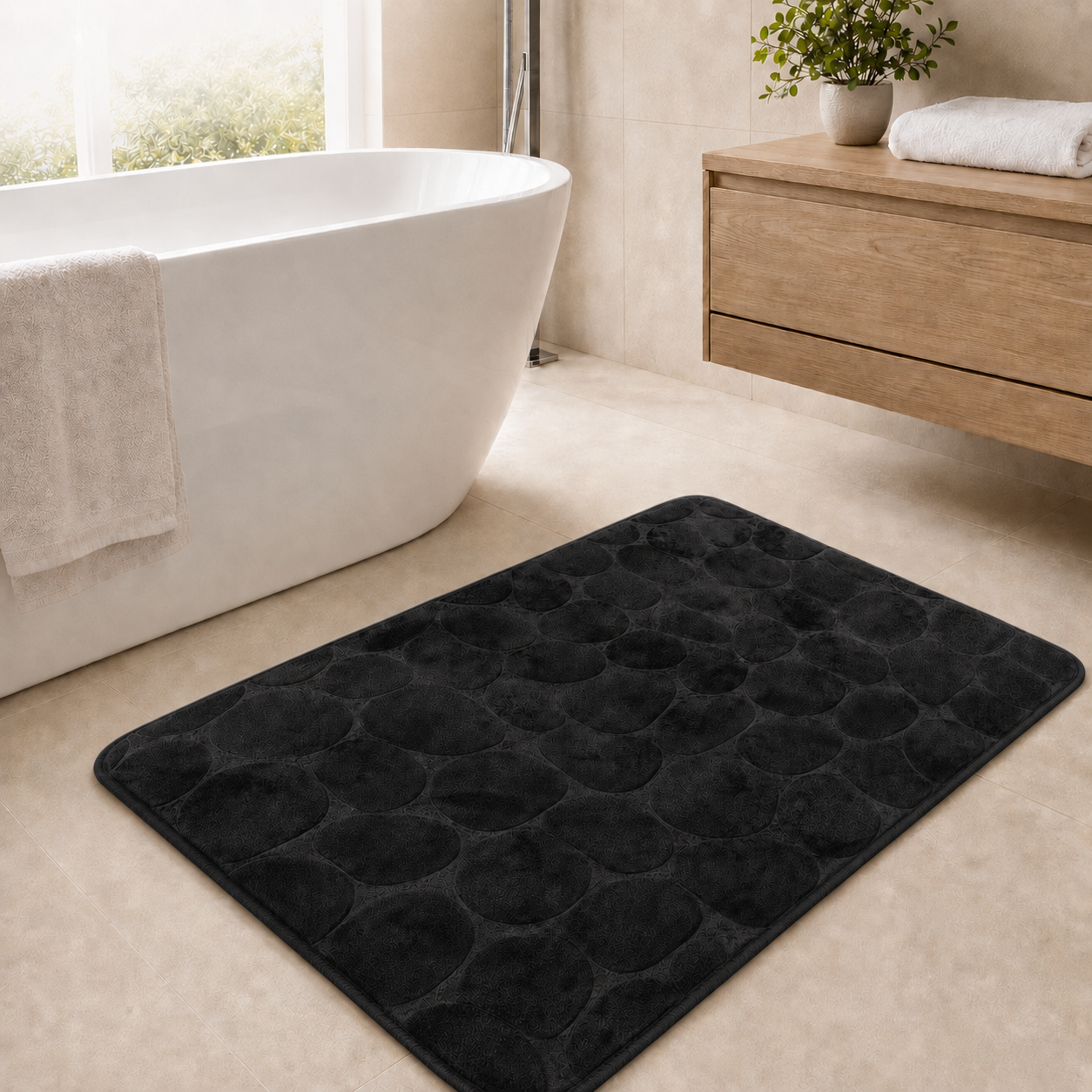 Black rectangular pebble design memory foam bath mat 60x40cm and 50x80cm