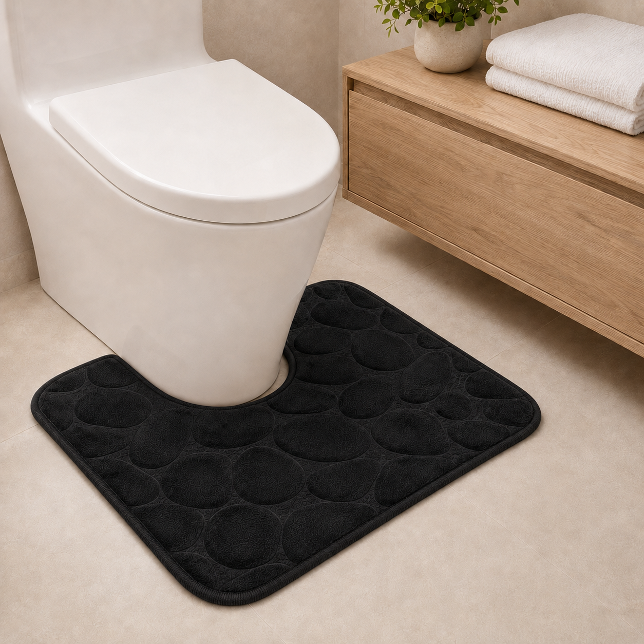 Black U-shape pebble design memory foam toilet mat 50x40cm