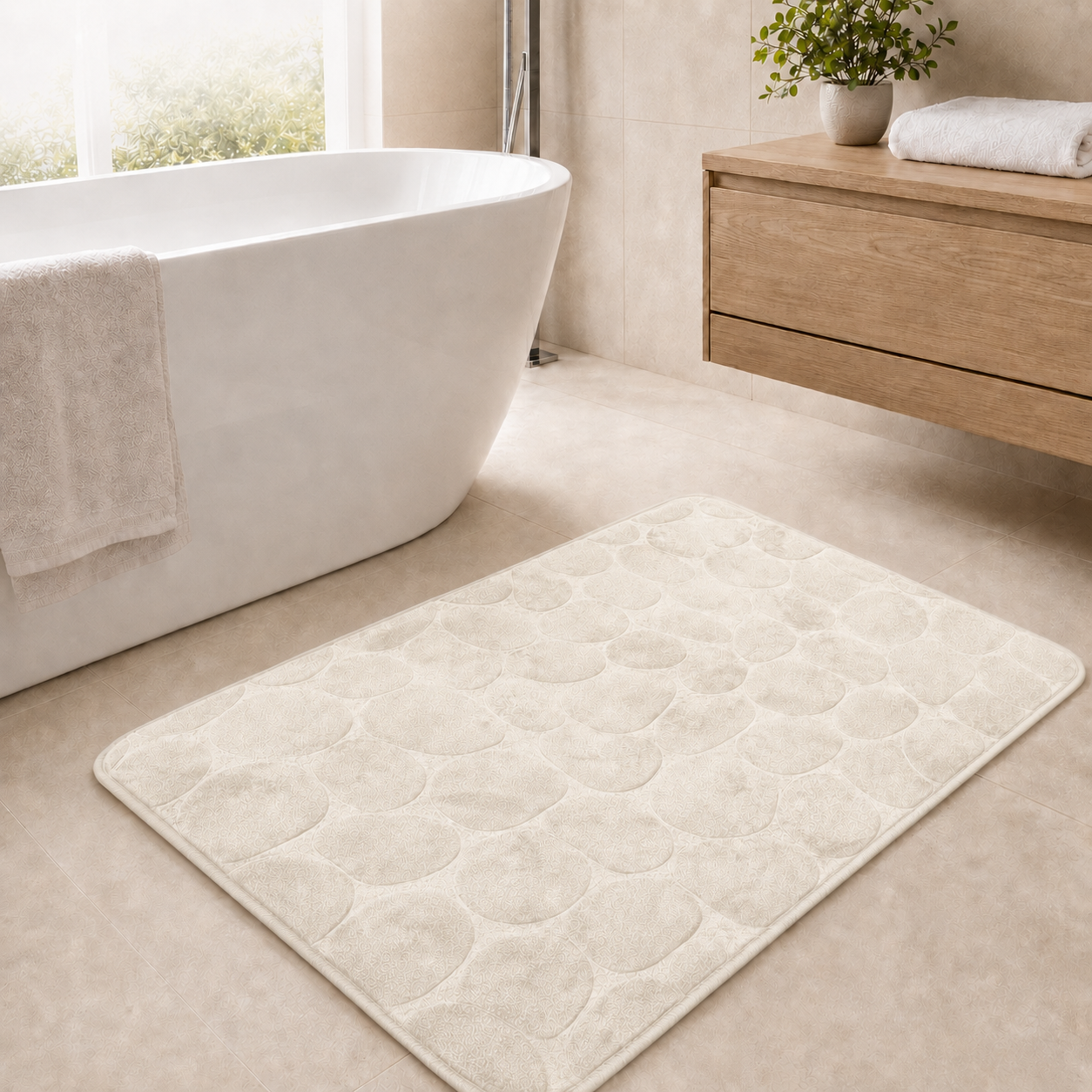 Blush Pink rectangular pebble design memory foam bath mat 60x40cm and 50x80cm