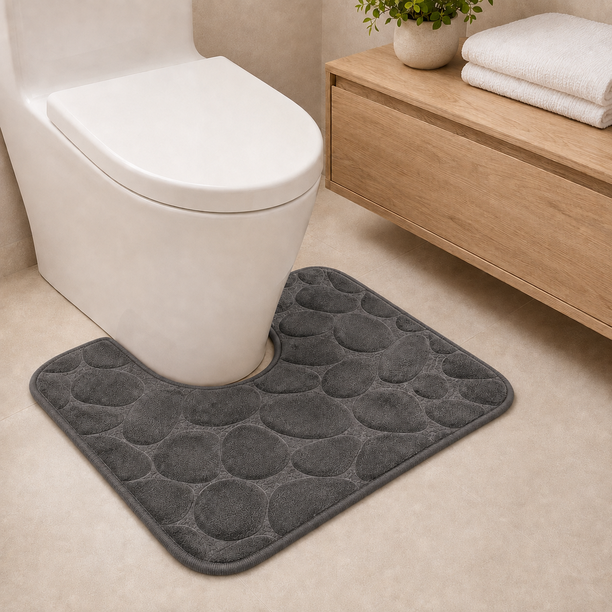 Charcoal U-shape pebble design memory foam toilet mat 50x40cm