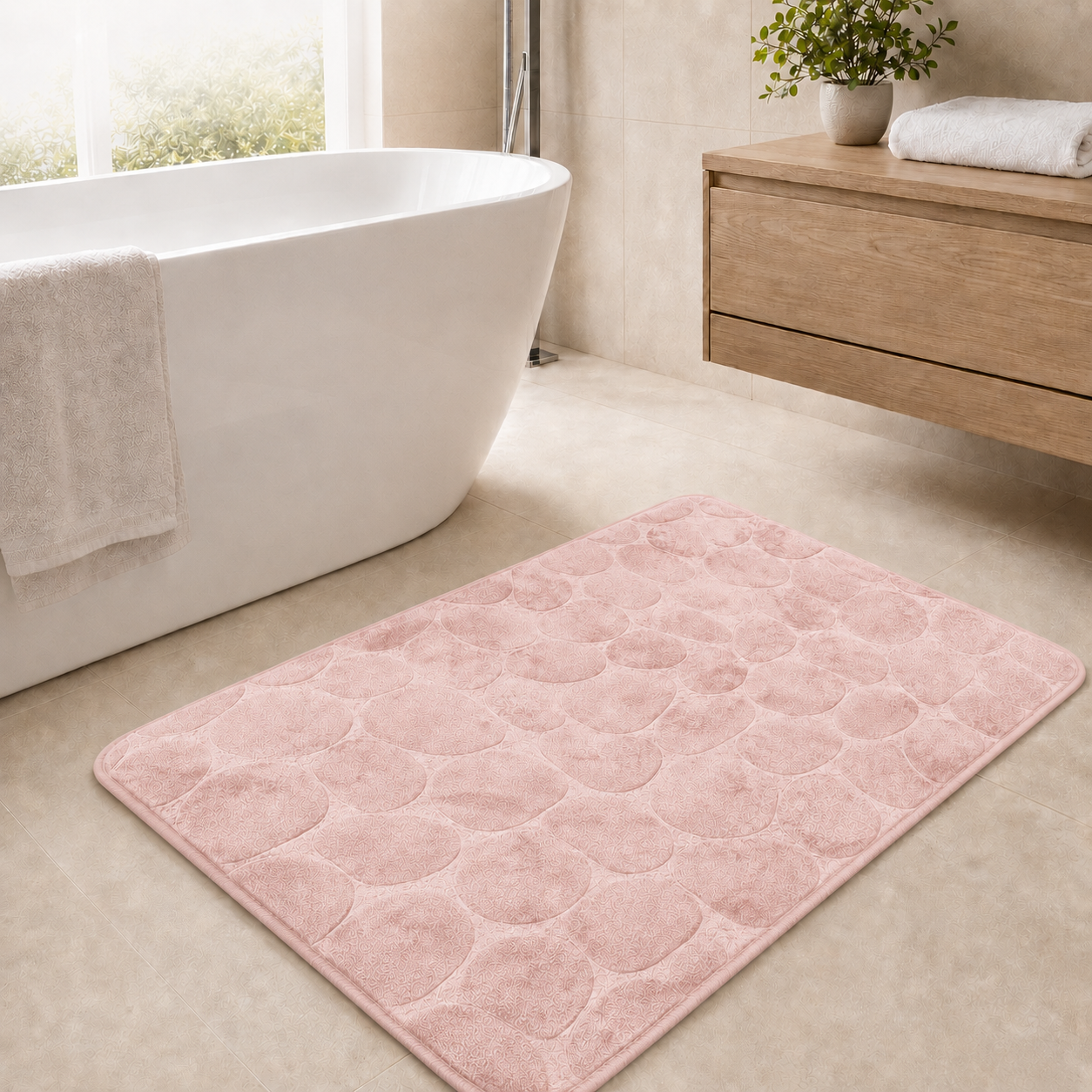 Cream rectangular pebble design memory foam bath mat 60x40cm and 50x80cm