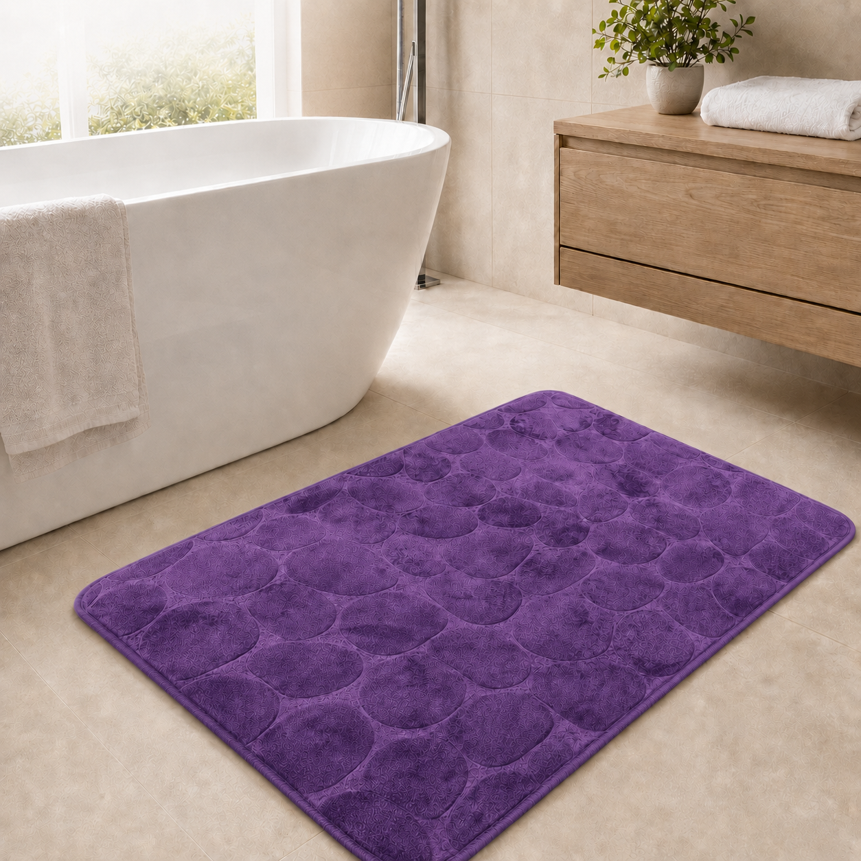 Purple rectangular pebble design memory foam bath mat 60x40cm and 50x80cm