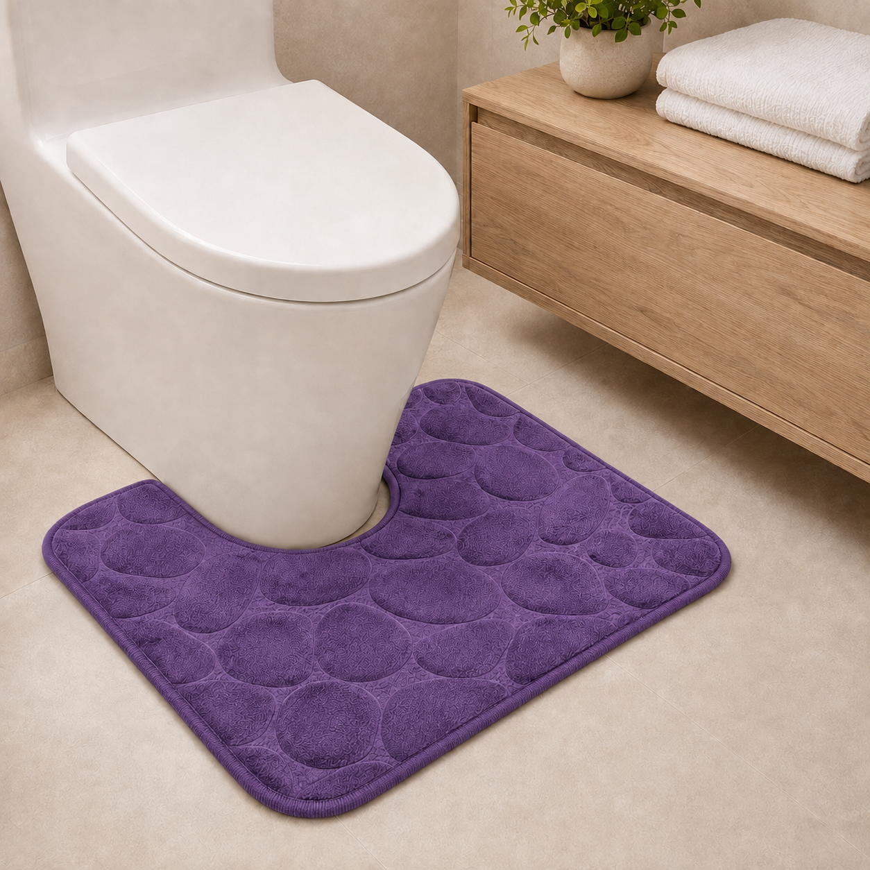 Purple U-shape pebble design memory foam toilet mat 50x40cm