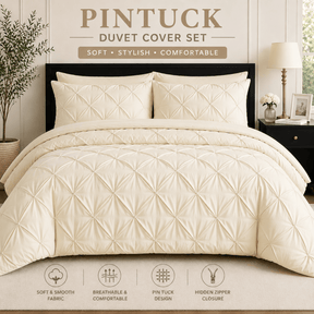 Cream pintuck microfiber duvet cover set with pillowcases