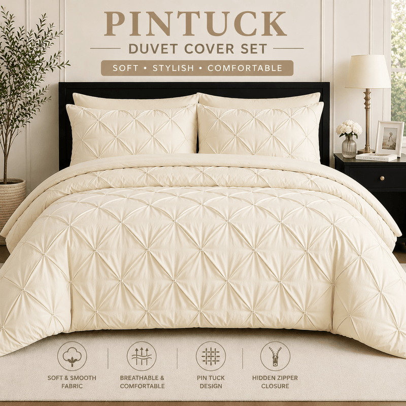 Cream pintuck microfiber duvet cover set with pillowcases