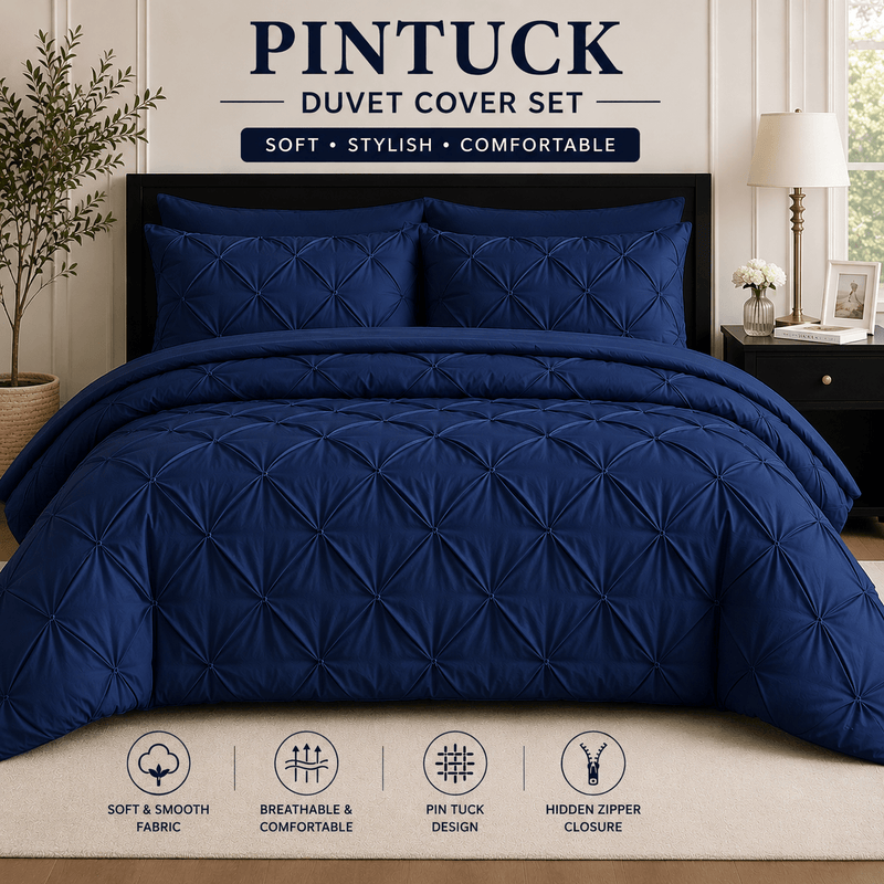 Navy blue pintuck microfiber duvet cover set with pillowcases