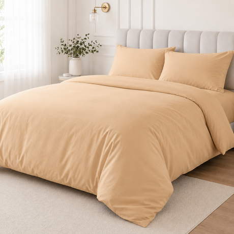 Latte plain polycotton duvet cover set in a bright modern bedroom