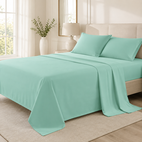 Mint polycotton flat sheet on a bright modern bed