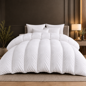 Premium white microfiber duvet styled in a warm luxury bedroom