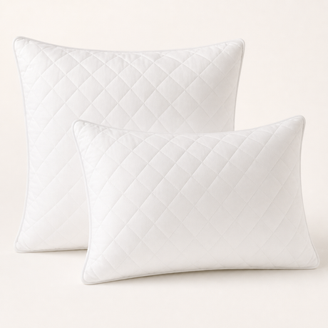 Two white diamond quilted pillows clean studio view