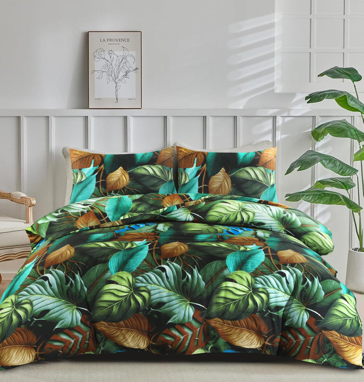 Rain Forest tropical leaf duvet cover set on bed