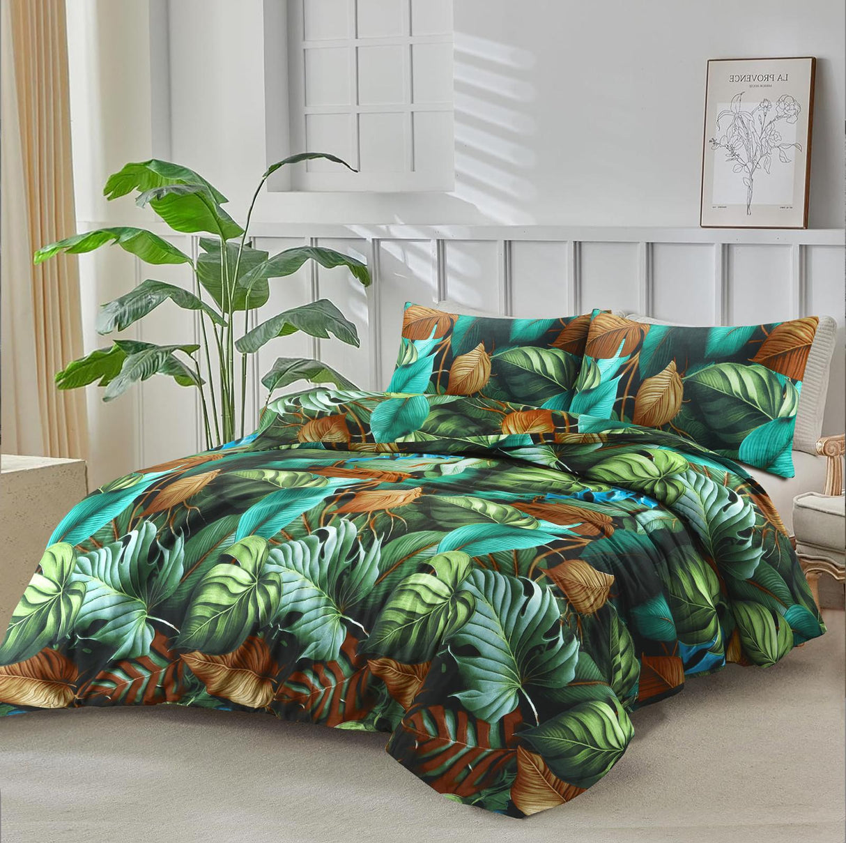 Rain Forest green tropical botanical bedding lifestyle view