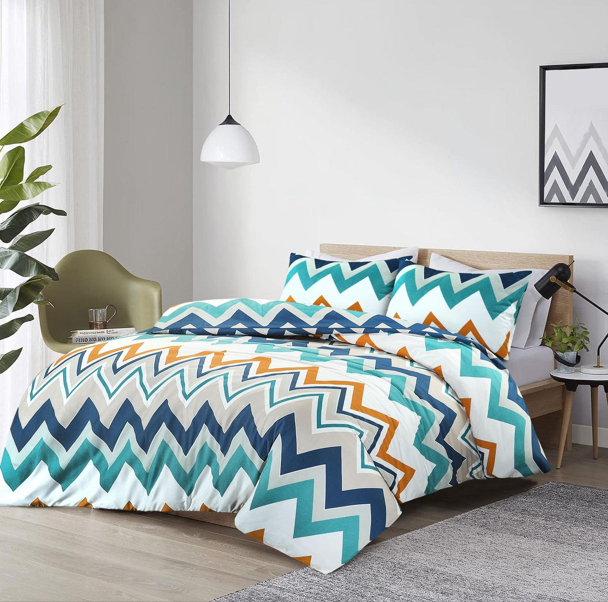 Retro teal navy orange chevron bedding lifestyle view