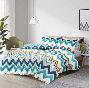 Retro teal navy orange chevron bedding lifestyle view