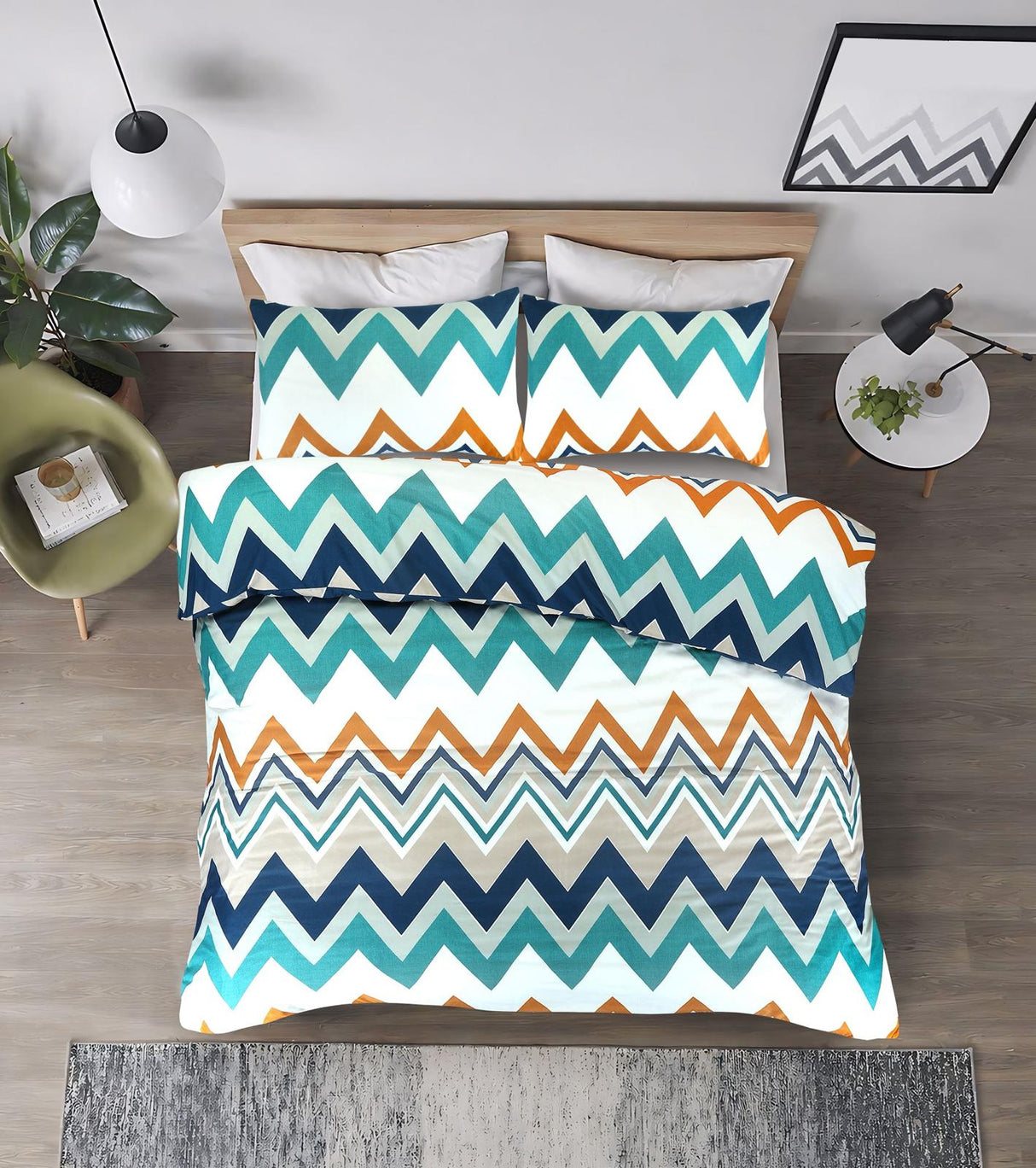 Retro chevron duvet cover and pillowcases overhead
