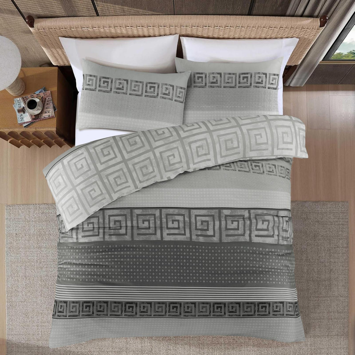Shadow grey geometric duvet cover set overhead view