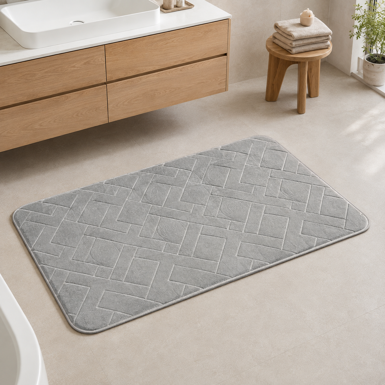 Silver rectangular memory foam bath mat 60x40cm and 50x80cm