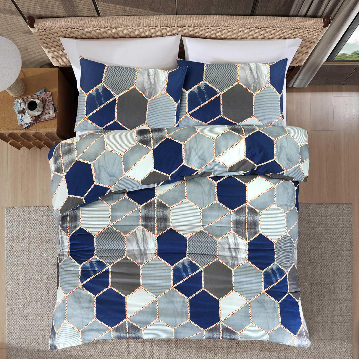 Starlight navy and grey hexagon bedding overhead view