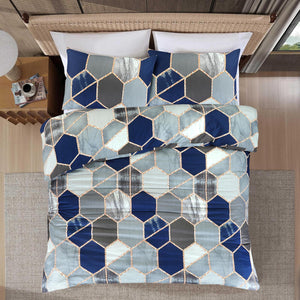 Starlight navy and grey hexagon bedding overhead view
