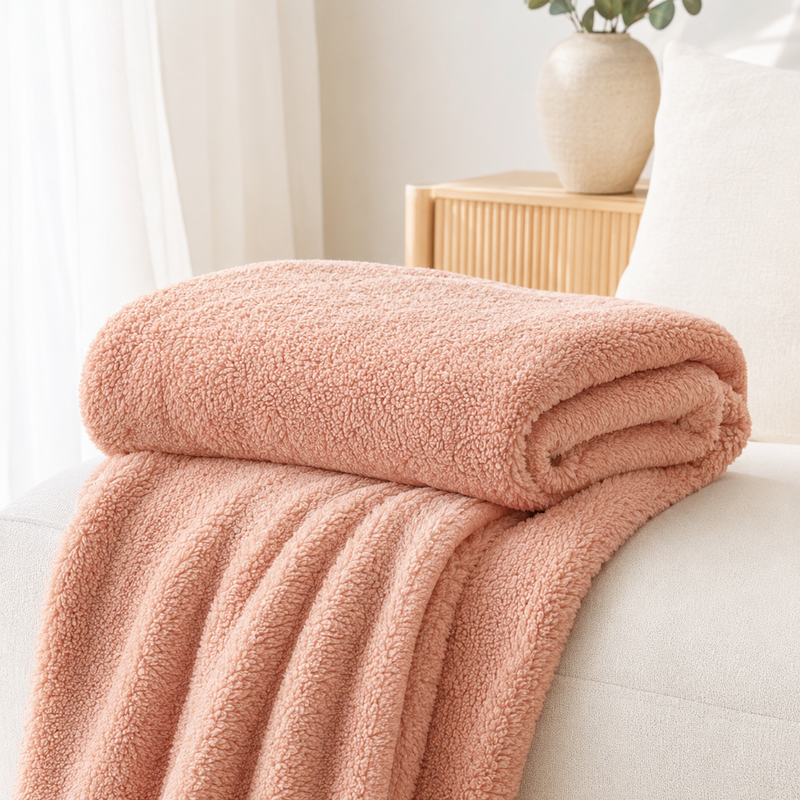 Blush Pink teddy fleece blanket throw on a bright neutral bed or sofa