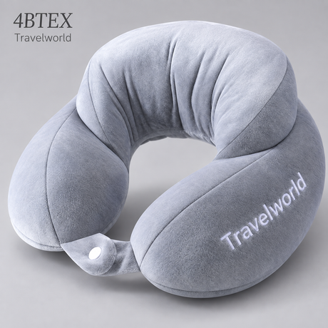 Silver Travelworld U-shaped neck pillow with raised back and front snap fastening — detail view