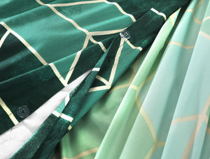 Vance green geometric duvet cover button closure close-up