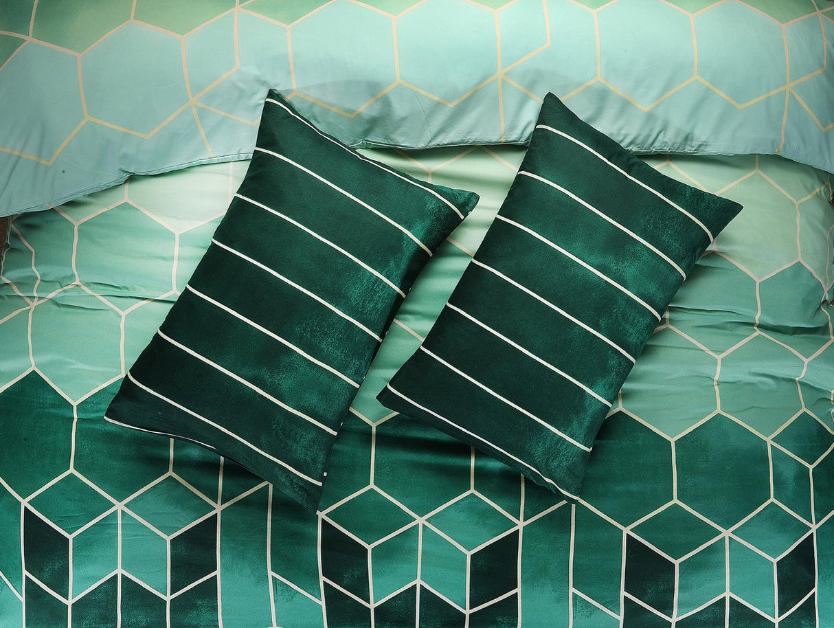 Vance green geometric duvet cover and striped pillowcase detail