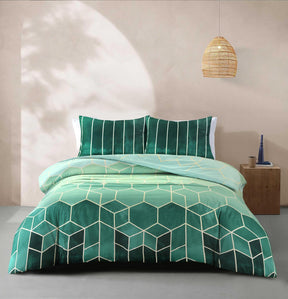 Vance emerald green geometric cube duvet cover set on bed